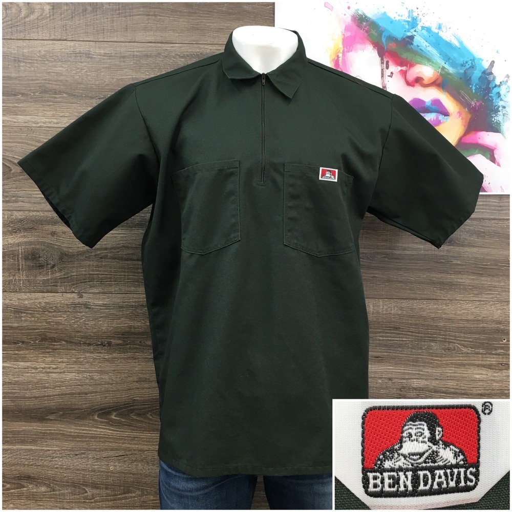 VINTAGE Ben Davis Mens Y2K XL Green Short Sleeve Half Zip Work Shirt Pocket Tee